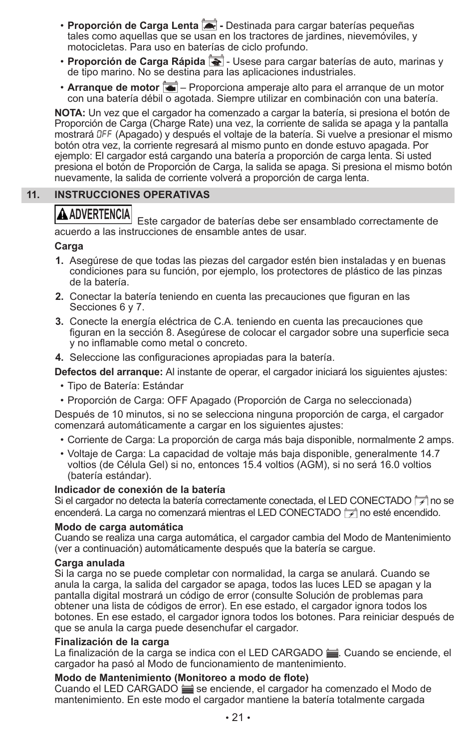Advertencia | Schumacher AUTOMATIC BATTERY CHARGER XC75 User Manual | Page 22 / 29