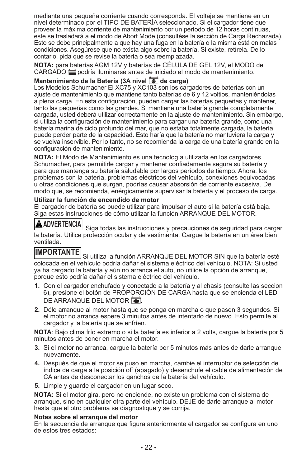 Advertencia, Importante | Schumacher AUTOMATIC BATTERY CHARGER XC75 User Manual | Page 23 / 29
