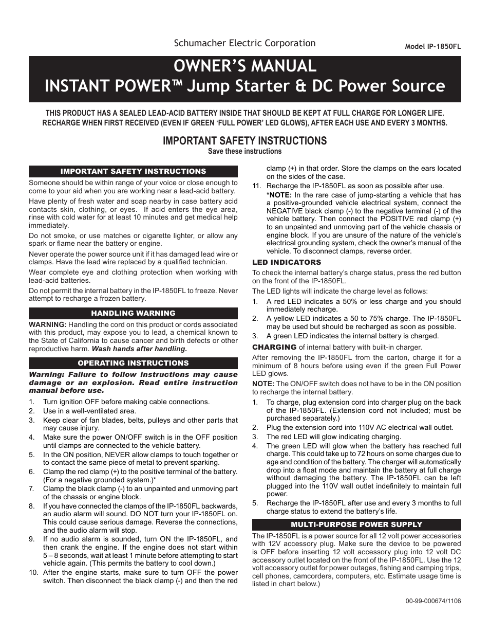 Schumacher Instant Power 00-99-000674 User Manual | 2 pages