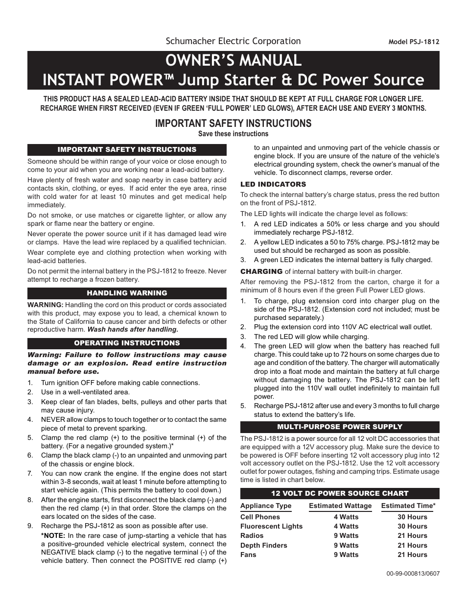 Schumacher Jump Starter & DC Power Source PSJ-1812 User Manual | 2 pages