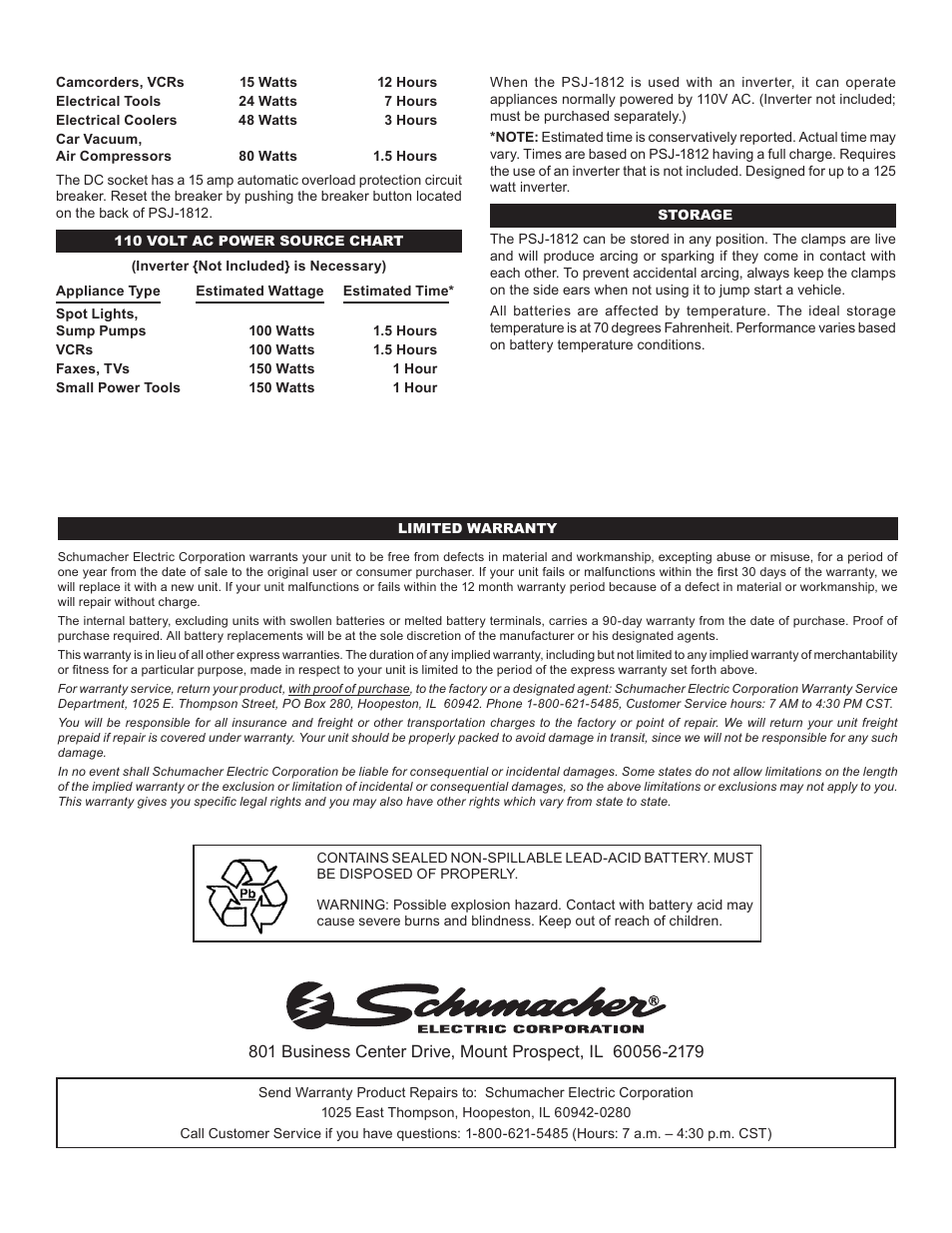 Schumacher Jump Starter & DC Power Source PSJ-1812 User Manual | Page 2 / 2