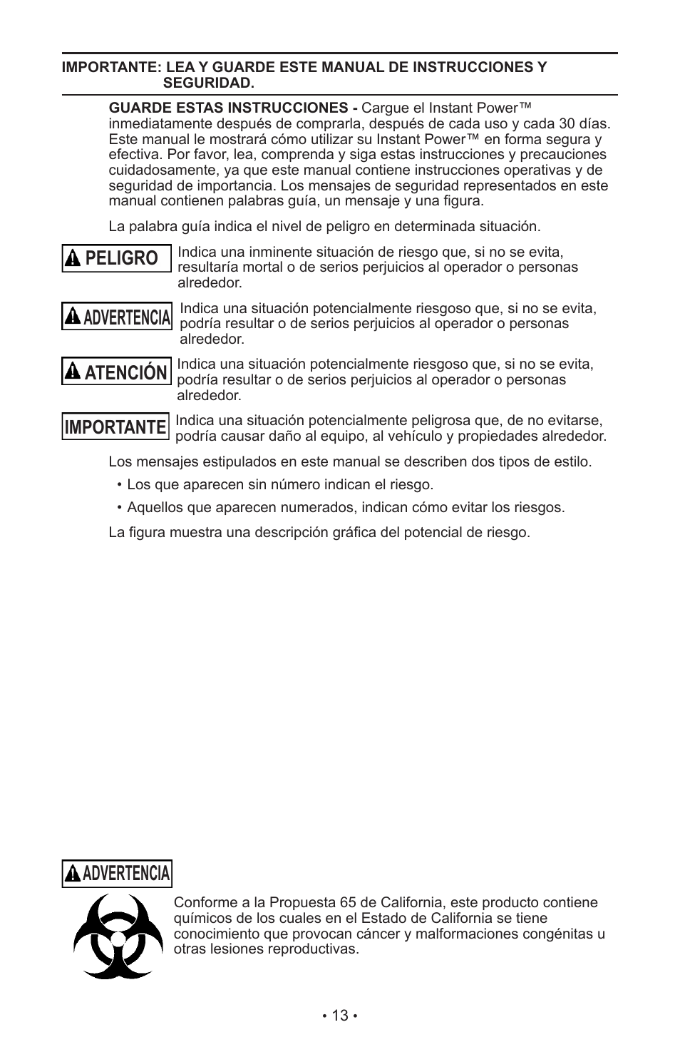 Advertencia, Peligro, Atención | Importante | Schumacher INSTANT POWER Jump Starter and DC Power Source IP-125 User Manual | Page 17 / 40