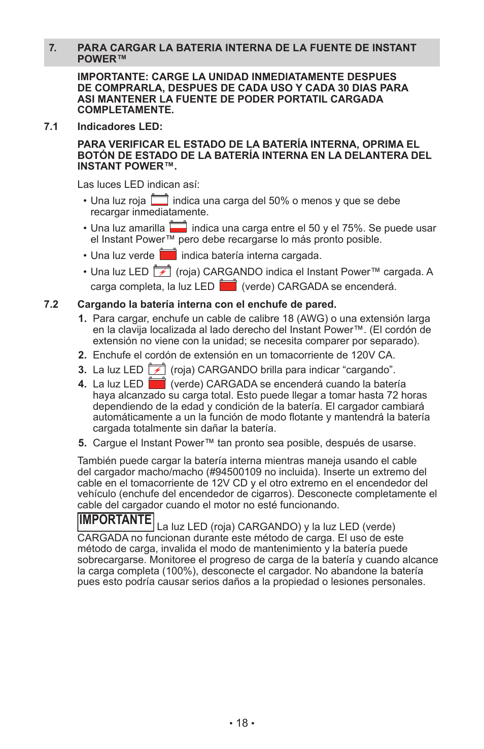Importante | Schumacher INSTANT POWER Jump Starter and DC Power Source IP-125 User Manual | Page 22 / 40
