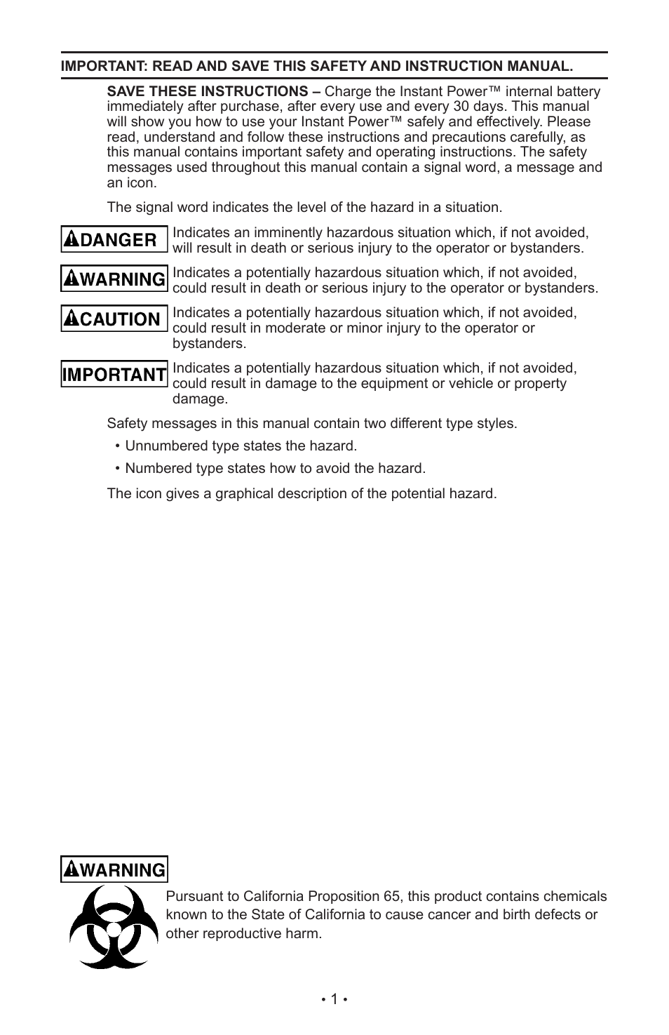 Schumacher INSTANT POWER Jump Starter and DC Power Source IP-125 User Manual | Page 5 / 40