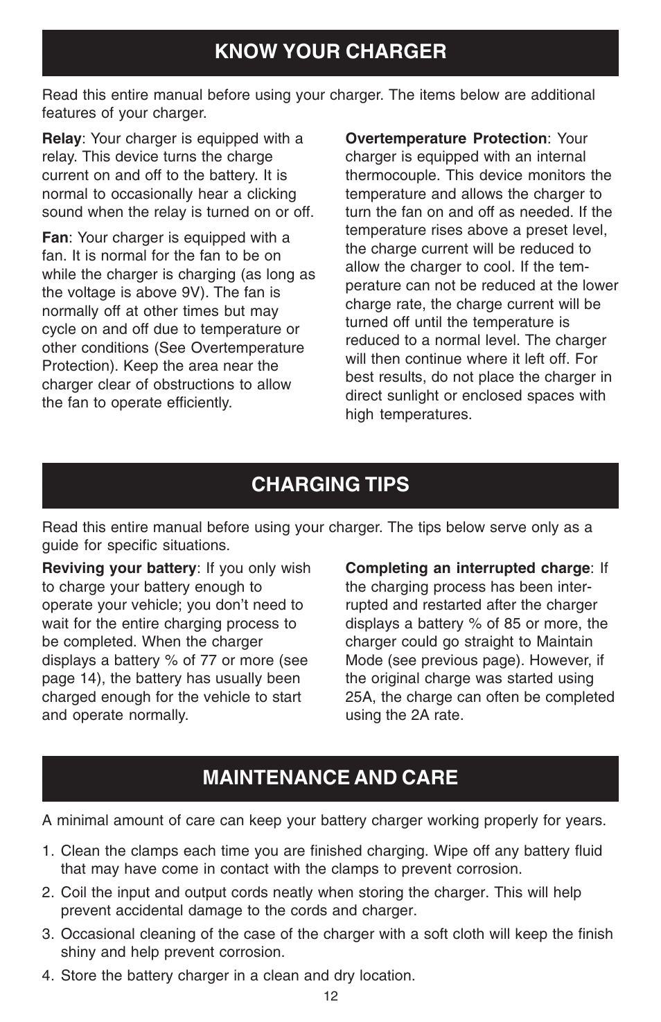 Charging tips, Know your charger, Maintenance and care | Schumacher 2500A User Manual | Page 12 / 16