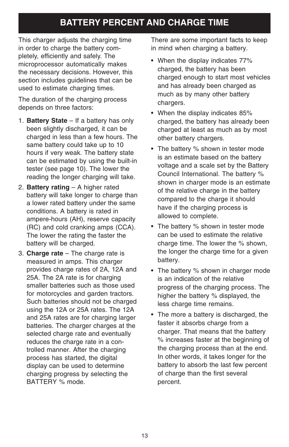 Battery percent and charge time | Schumacher 2500A User Manual | Page 13 / 16