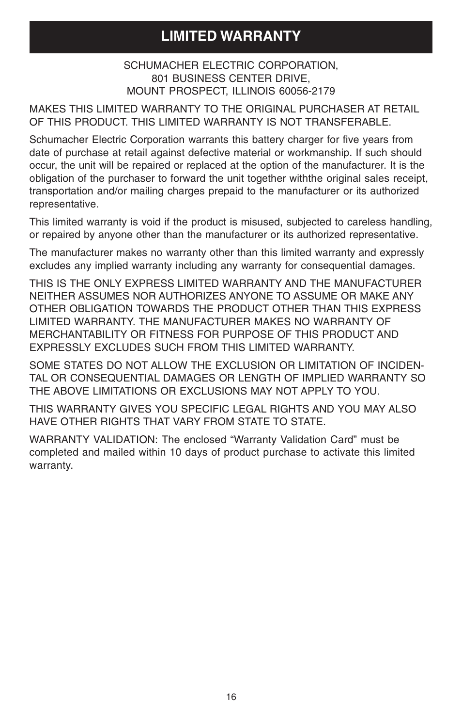 Limited warranty | Schumacher 2500A User Manual | Page 16 / 16