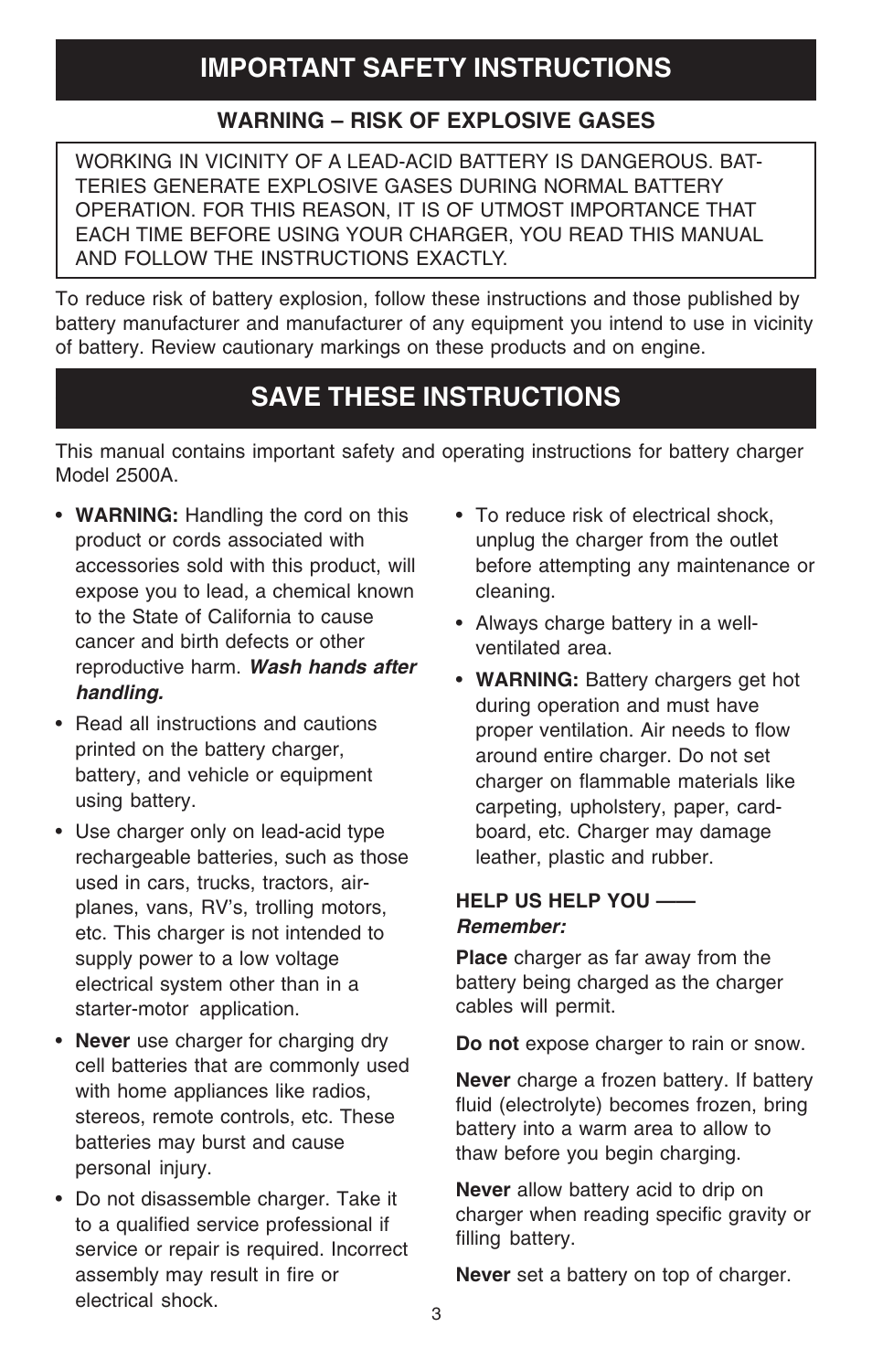 Important safety instructions, Save these instructions | Schumacher 2500A User Manual | Page 3 / 16