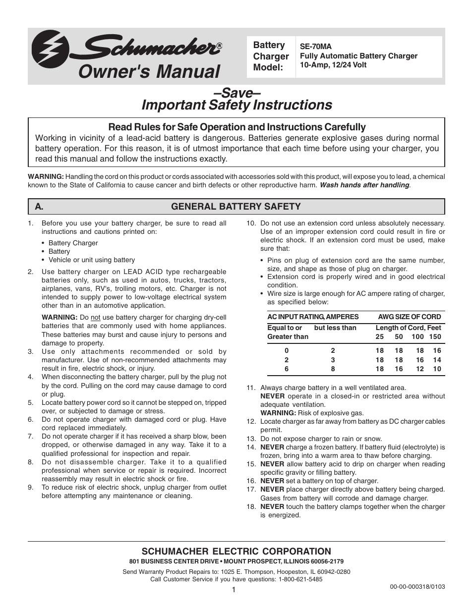 Schumacher SE-70MA User Manual | 12 pages