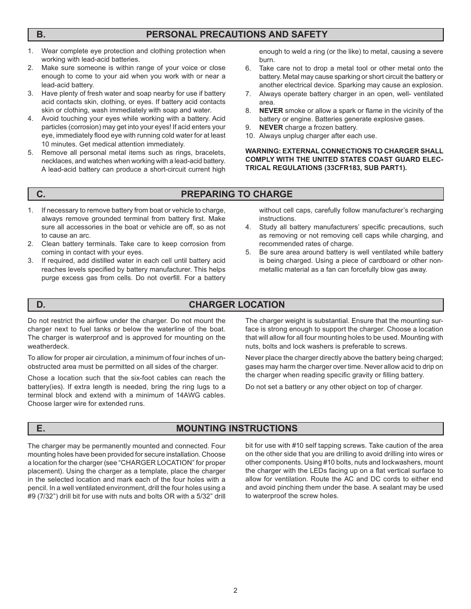 B. personal precautions and safety, C. preparing to charge, D. charger location | E. mounting instructions | Schumacher SS-15A2-OB User Manual | Page 2 / 4