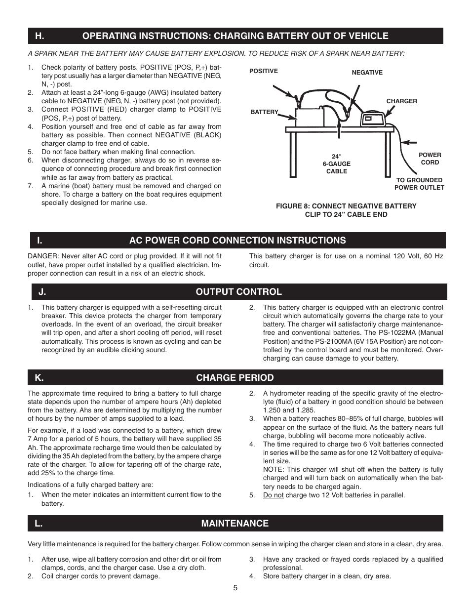 J. output control, K. charge period l. maintenance | Schumacher PS-2100MA User Manual | Page 5 / 12