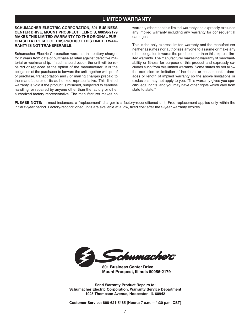 Limited warranty | Schumacher PS-2100MA User Manual | Page 7 / 12