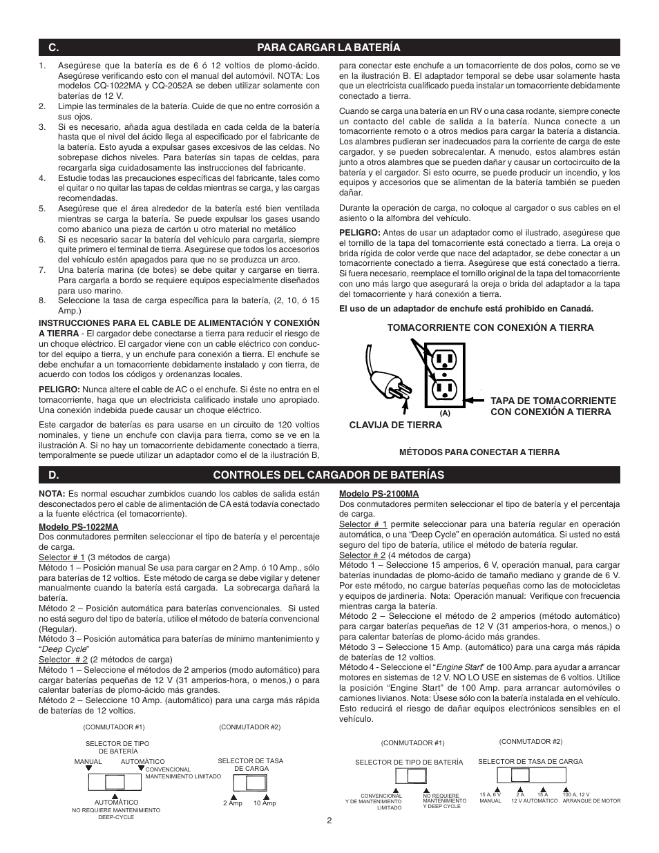 C. para cargar la batería, D. controles del cargador de baterías | Schumacher PS-2100MA User Manual | Page 9 / 12
