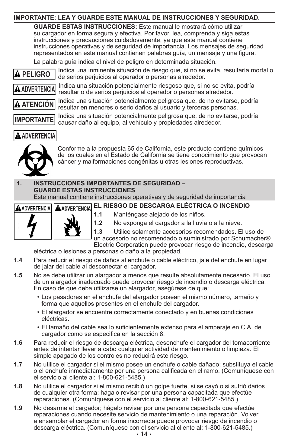 Advertencia, Peligro, Atención importante | Schumacher XC10 User Manual | Page 15 / 26
