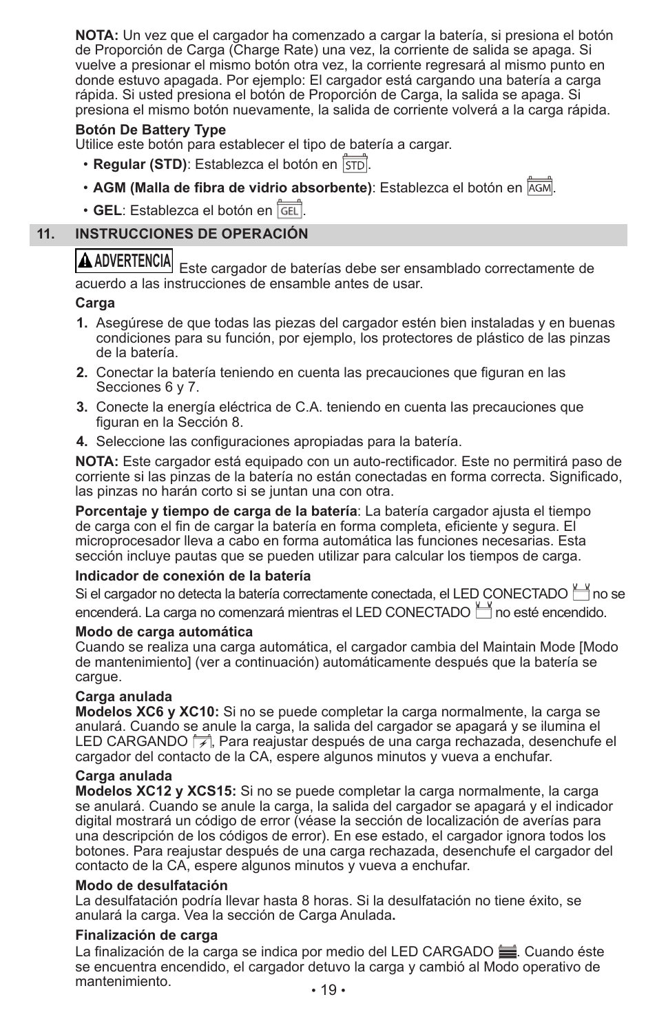 Advertencia | Schumacher XC10 User Manual | Page 20 / 26
