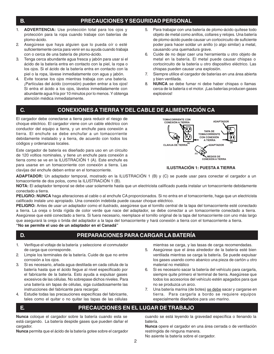 E. precauciones en el lugar de trabajo | Schumacher PS-5250 User Manual | Page 14 / 24