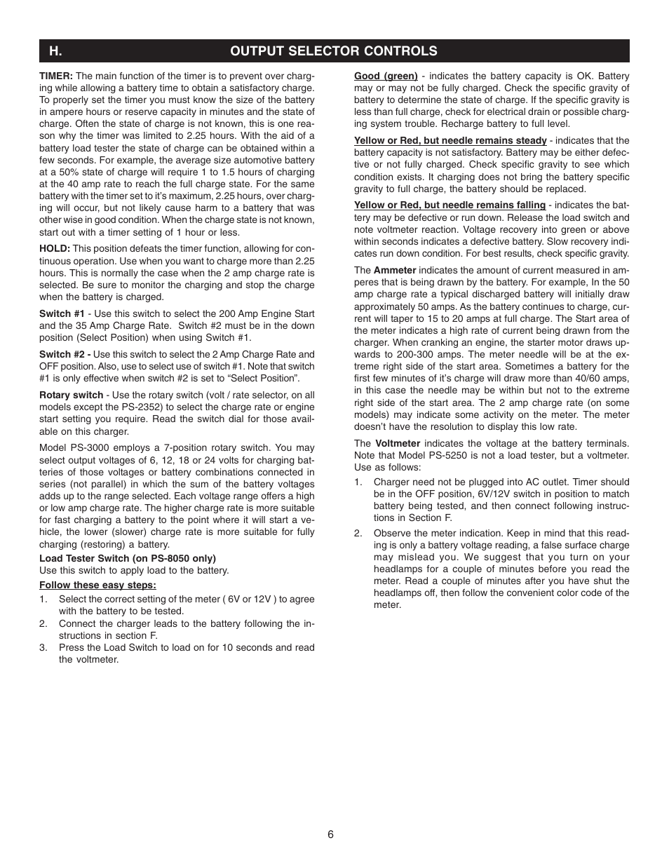 H. output selector controls | Schumacher PS-5250 User Manual | Page 6 / 24