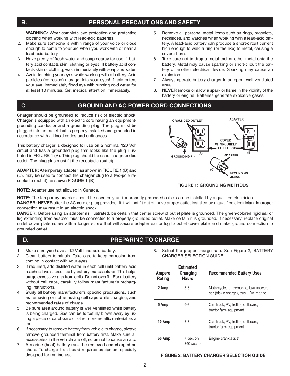 B. personal precautions and safety, D. preparing to charge, C. ground and ac power cord connections | Schumacher PS-1025 User Manual | Page 2 / 12