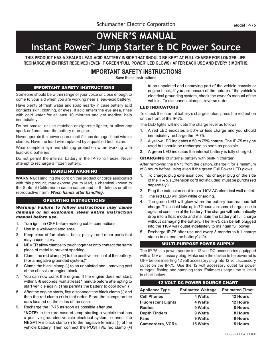 Schumacher IP-75 User Manual | 2 pages