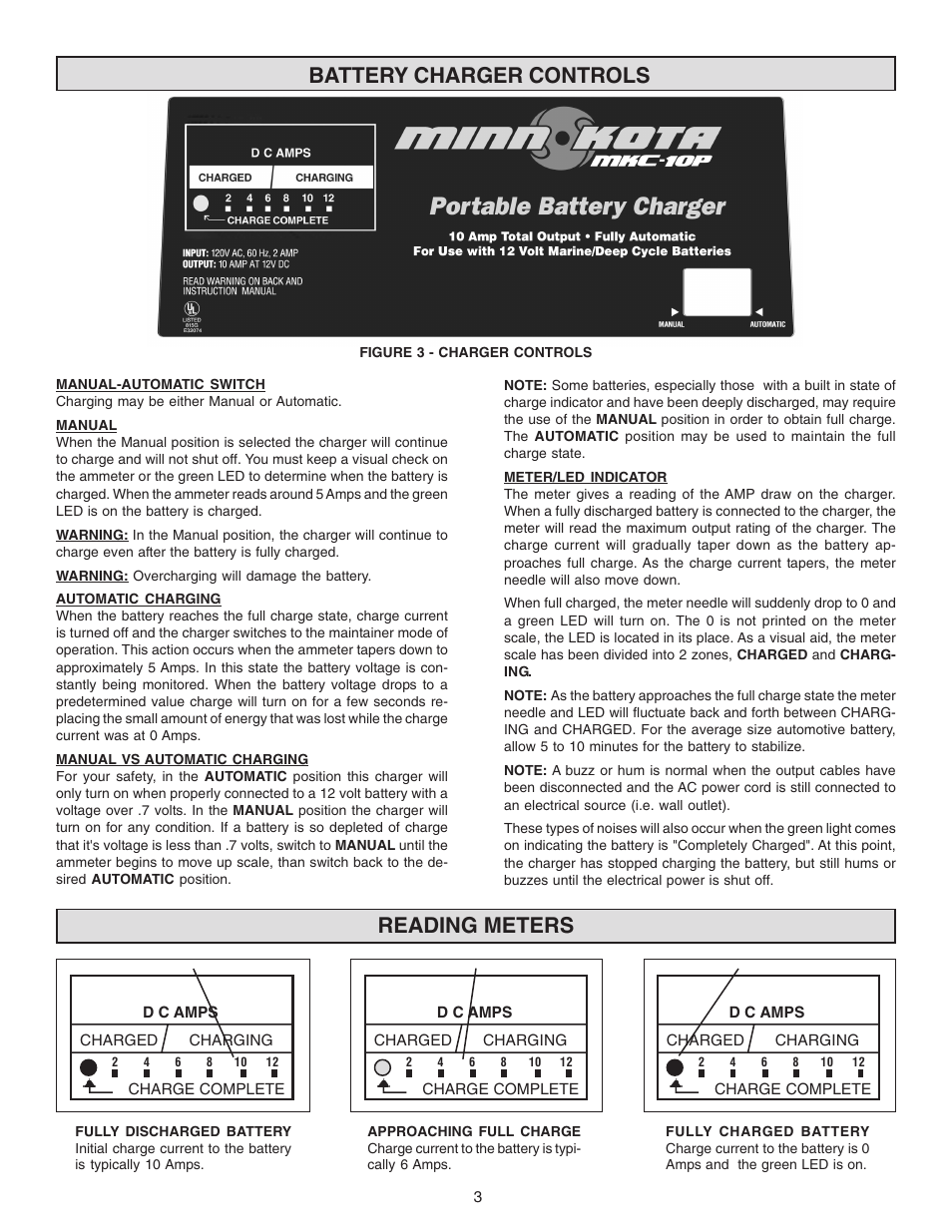 Battery charger controls, Reading meters | Schumacher MKC-10P User Manual | Page 3 / 8