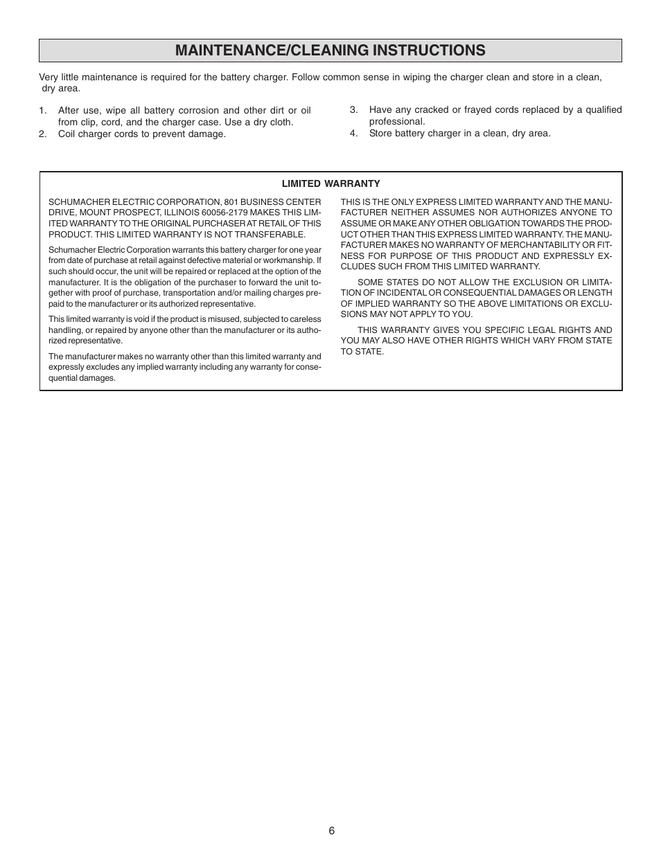 Maintenance/cleaning instructions | Schumacher MKC-10P User Manual | Page 6 / 8