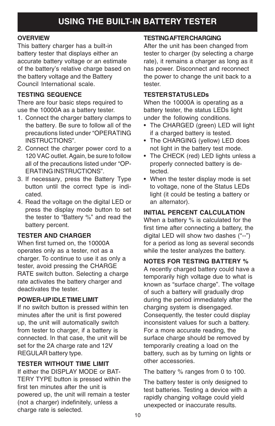 Using the built-in battery tester | Schumacher 10000A User Manual | Page 10 / 16