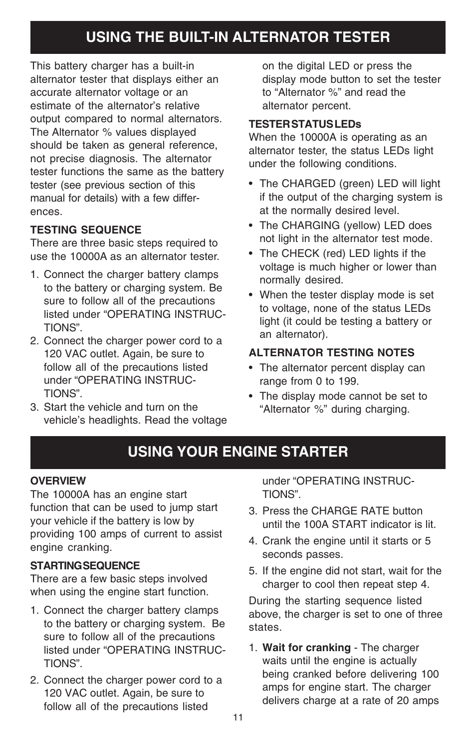 Using the built-in alternator tester, Using your engine starter | Schumacher 10000A User Manual | Page 11 / 16