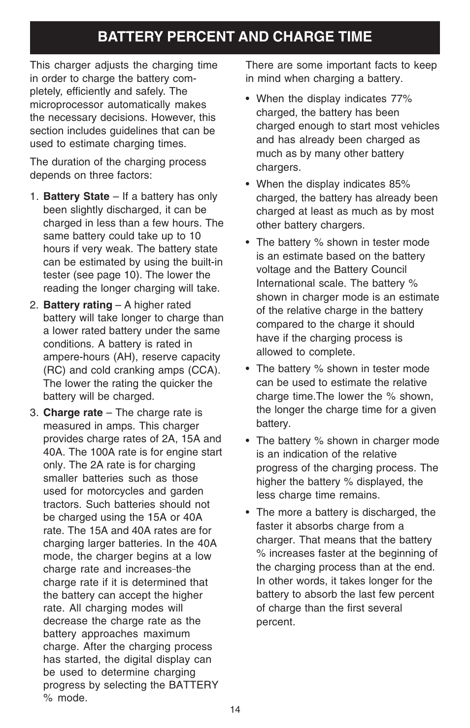 Battery percent and charge time | Schumacher 10000A User Manual | Page 14 / 16