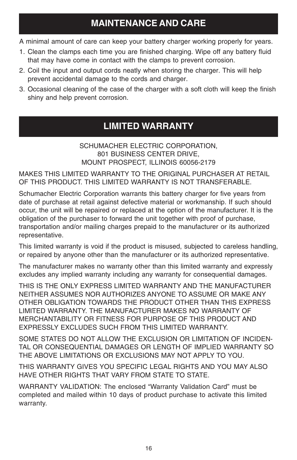 Limited warranty, Maintenance and care | Schumacher 10000A User Manual | Page 16 / 16