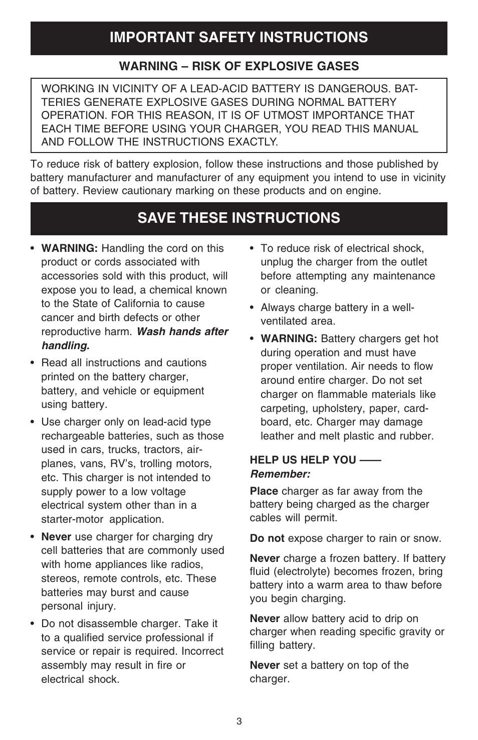 Important safety instructions, Save these instructions | Schumacher 10000A User Manual | Page 3 / 16