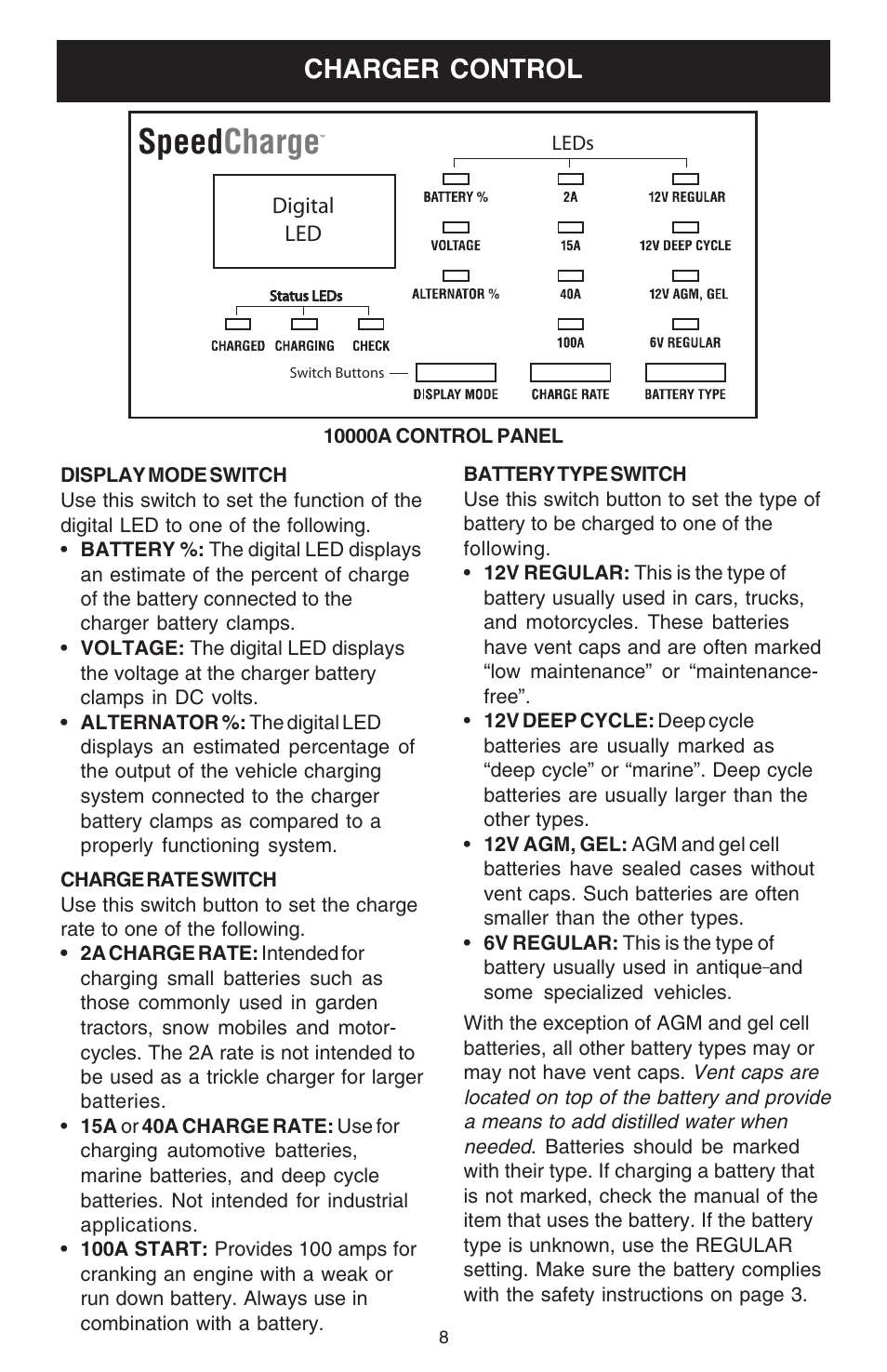 Speed charge, Charger control | Schumacher 10000A User Manual | Page 8 / 16