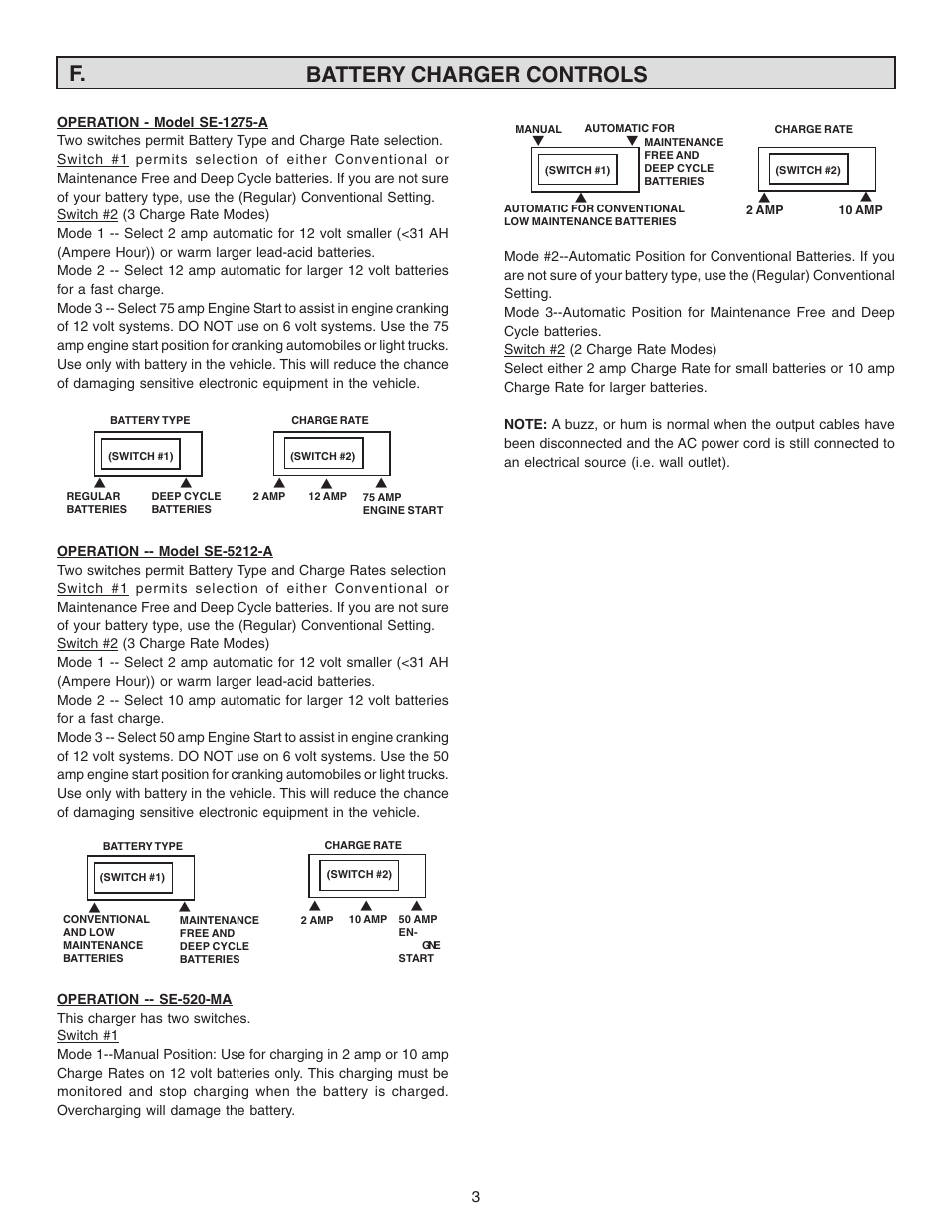 F. battery charger controls | Schumacher SE-520MA  ES User Manual | Page 3 / 12