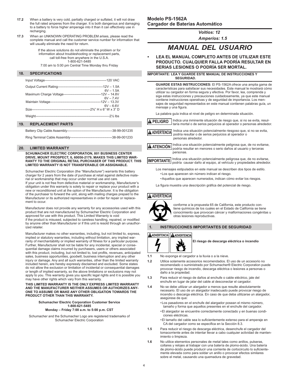 Manual del usuario, Modelo ps-1562a cargador de baterías automático, Advertencia | Schumacher Automatic PS-1562A User Manual | Page 4 / 12