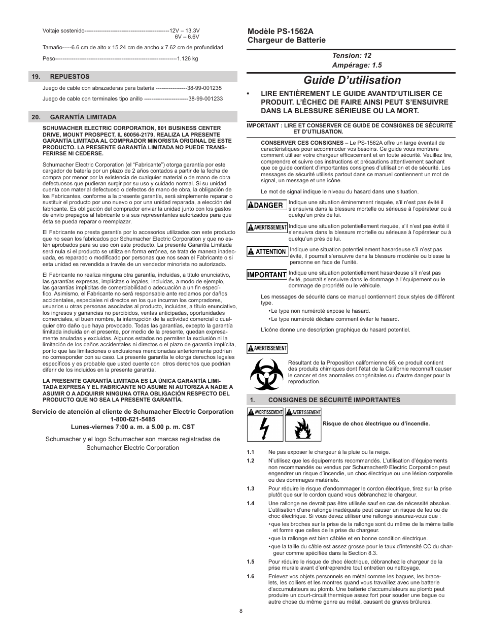 Guide d’utilisation, Modèle ps-1562a chargeur de batterie | Schumacher Automatic PS-1562A User Manual | Page 8 / 12