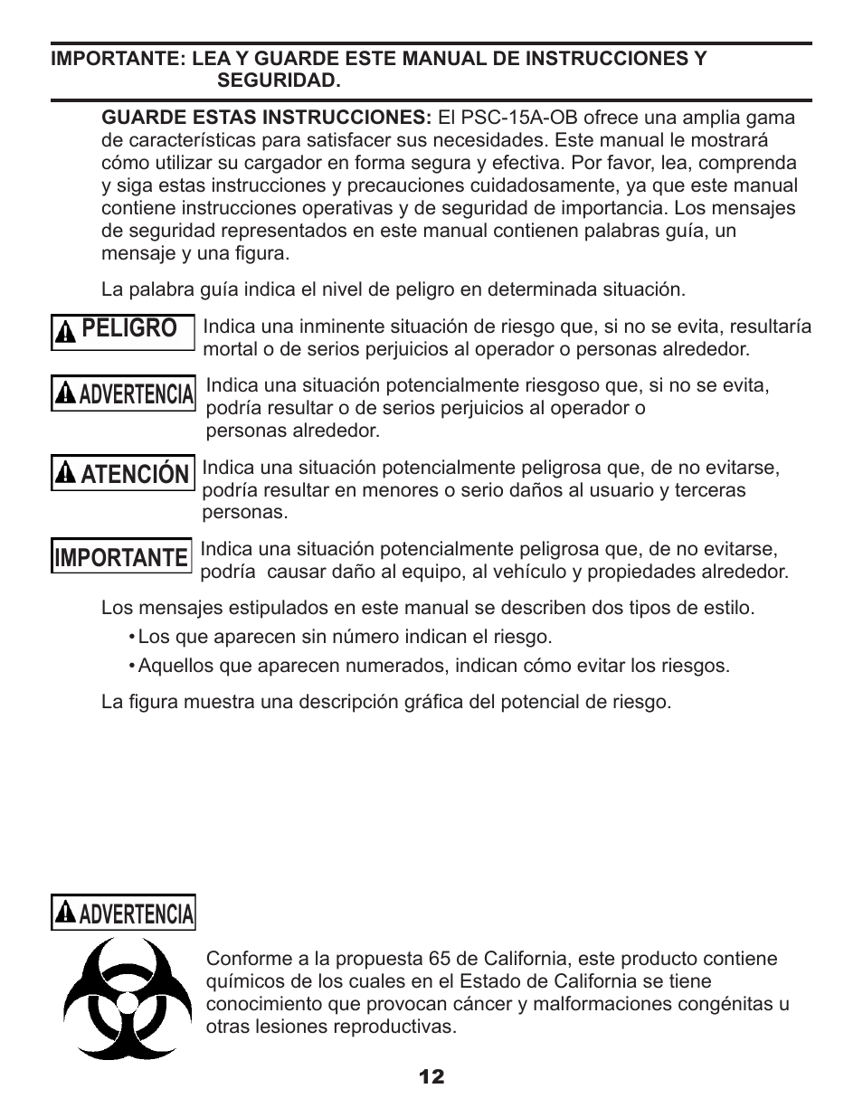 Advertencia, Peligro, Atención | Importante | Schumacher Proseries PSC-15A-OB User Manual | Page 16 / 41