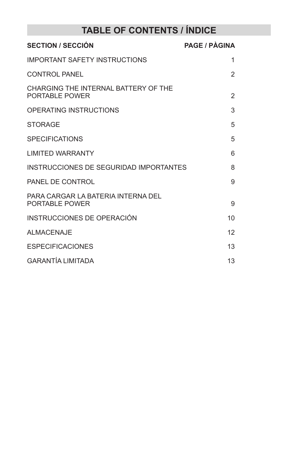 Table of contents / índice | Schumacher 94026931 User Manual | Page 3 / 20