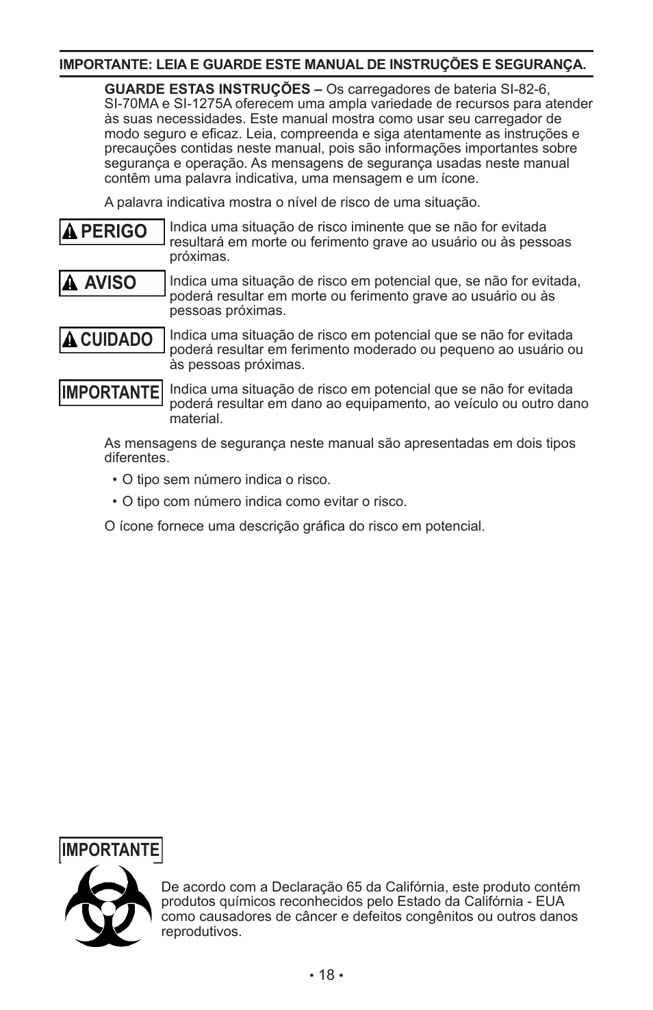 Perigo aviso cuidado, Importante | Schumacher MANUAL DO USURIO SI-82-6 User Manual | Page 22 / 52