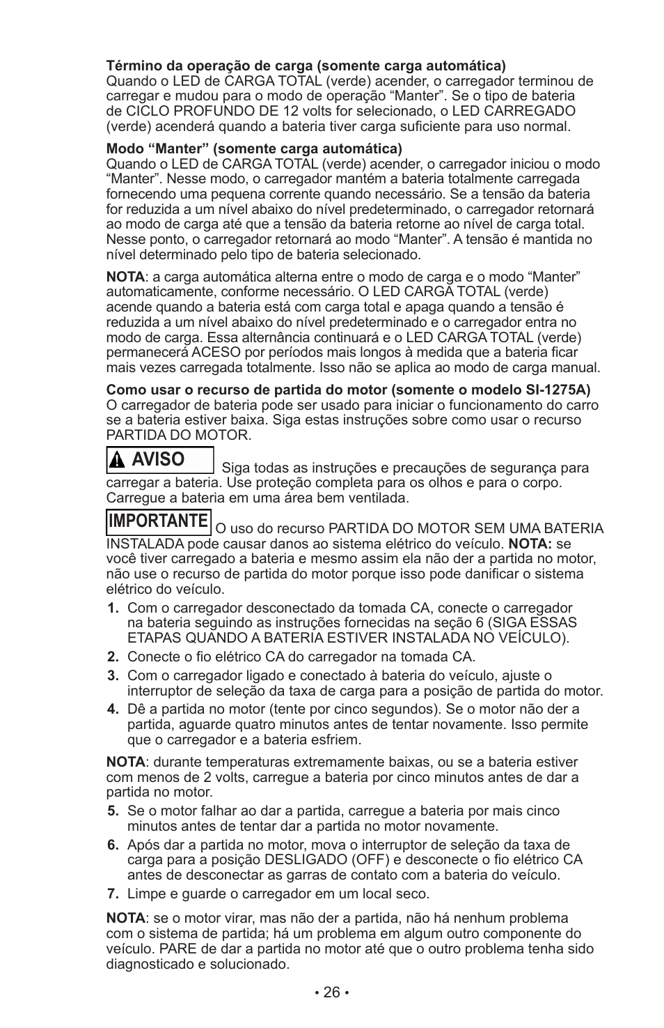 Aviso, Importante | Schumacher MANUAL DO USURIO SI-82-6 User Manual | Page 30 / 52