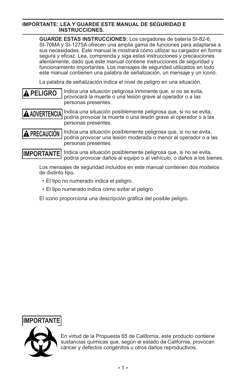 Advertencia precaución, Peligro, Importante | Schumacher MANUAL DO USURIO SI-82-6 User Manual | Page 5 / 52