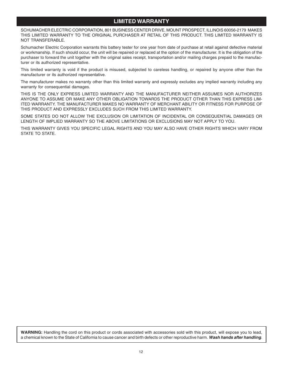 Limited warranty | Schumacher PST-1000 User Manual | Page 12 / 12