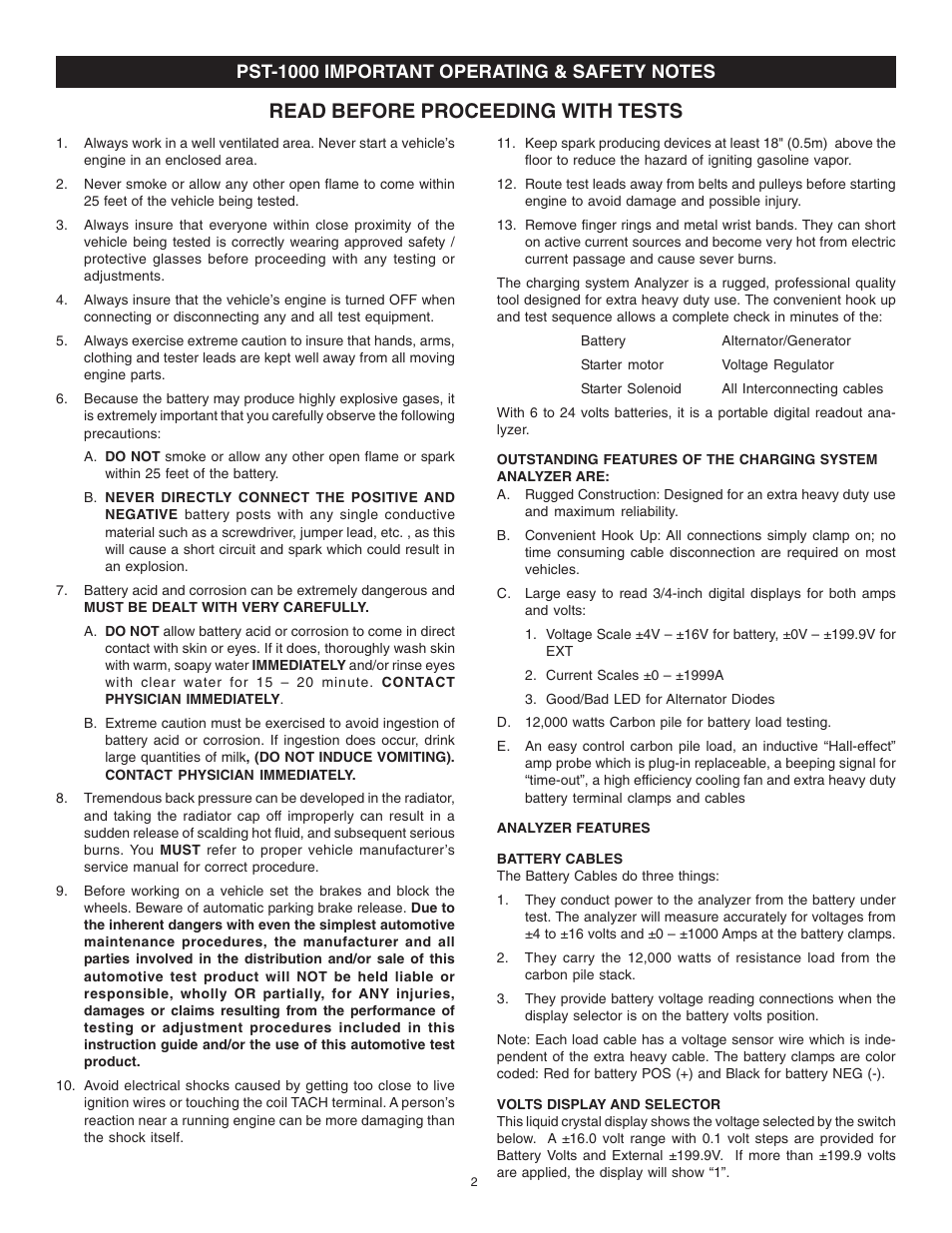 Read before proceeding with tests | Schumacher PST-1000 User Manual | Page 2 / 12