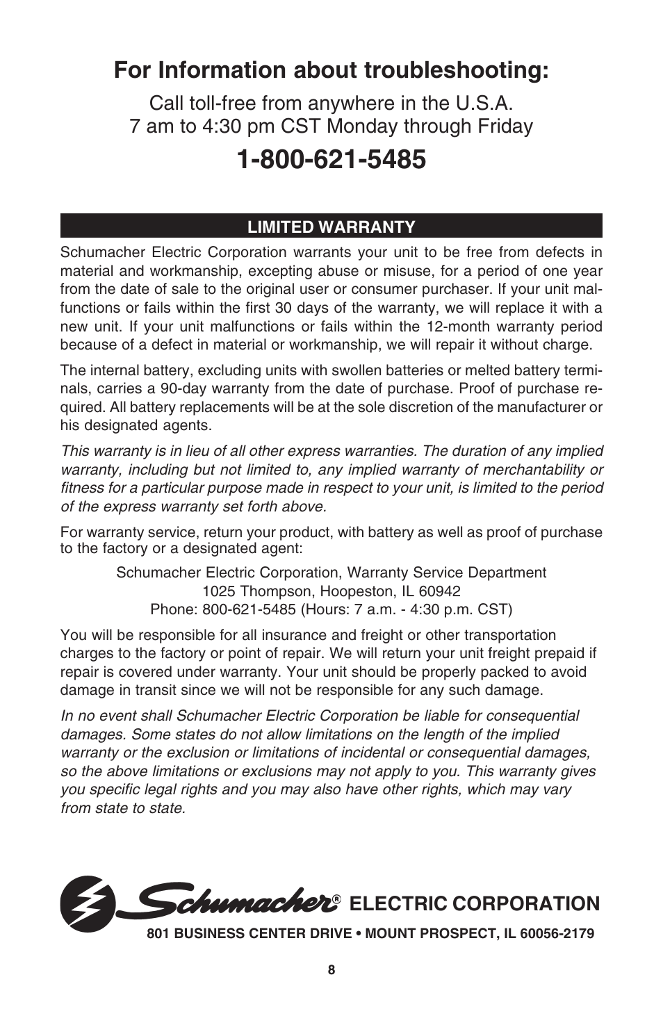 For information about troubleshooting, Electric corporation | Schumacher PS-500-1A User Manual | Page 8 / 8