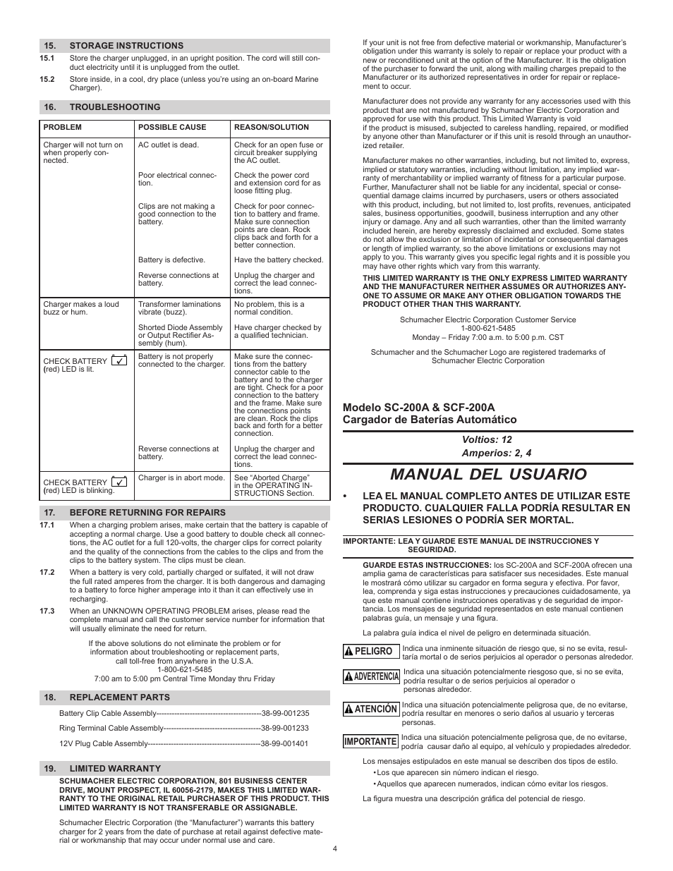 Manual del usuario, Advertencia, Peligro | Atención | Schumacher SCF-200A User Manual | Page 4 / 12