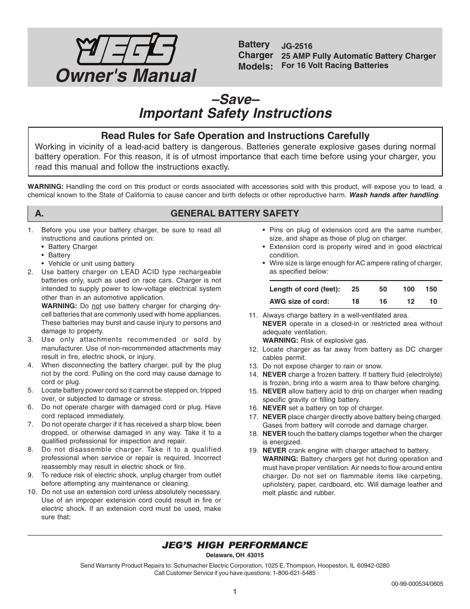 Schumacher JG-2516 User Manual | 4 pages
