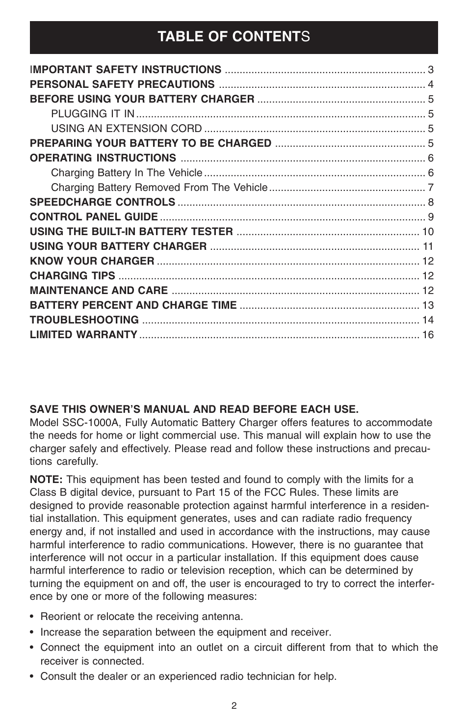 Table of content s | Schumacher SSC-1000A User Manual | Page 2 / 16