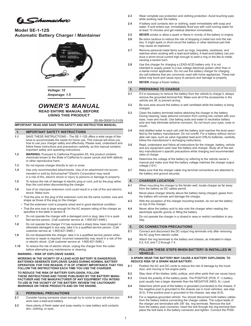 Schumacher Automatic /Maintainer SE-1-12S User Manual | 8 pages