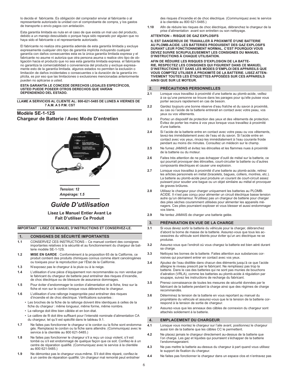 Guide d’utilisation | Schumacher Automatic /Maintainer SE-1-12S User Manual | Page 6 / 8