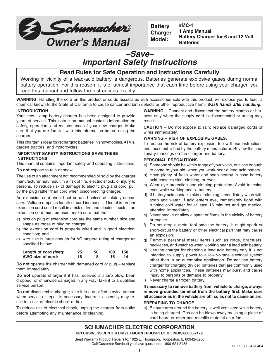 Schumacher MC-1 1 Amp User Manual | 4 pages