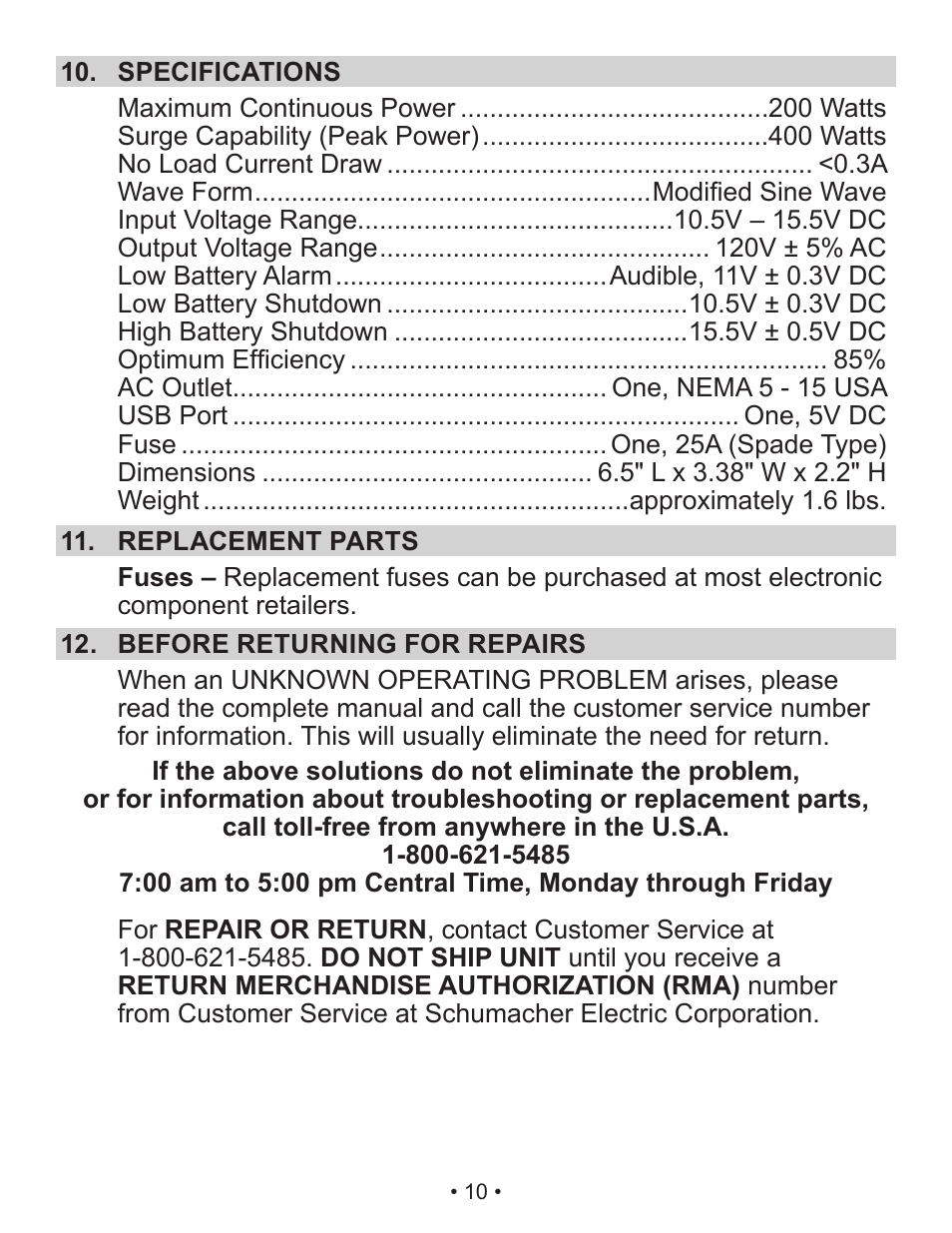 Schumacher Shumacher Power Inverter PI-200 User Manual | Page 10 / 27