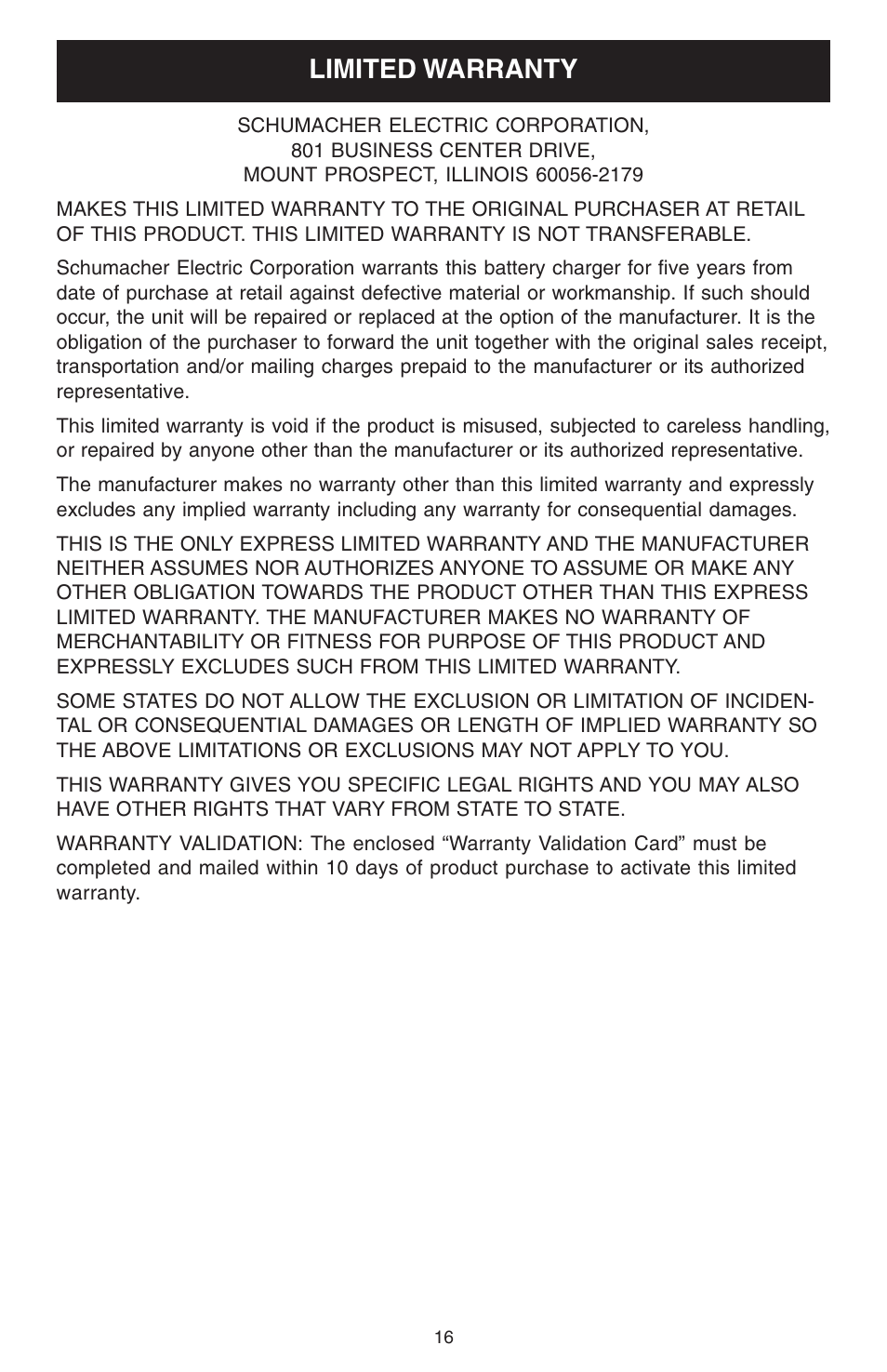 Limited warranty | Schumacher 1200A User Manual | Page 16 / 16